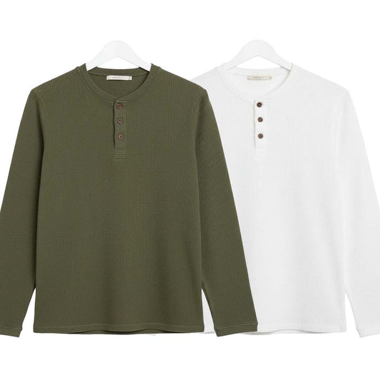 Pack of 2 WAFFLE KNIT HENLEY T-Shirts ( Green & white )