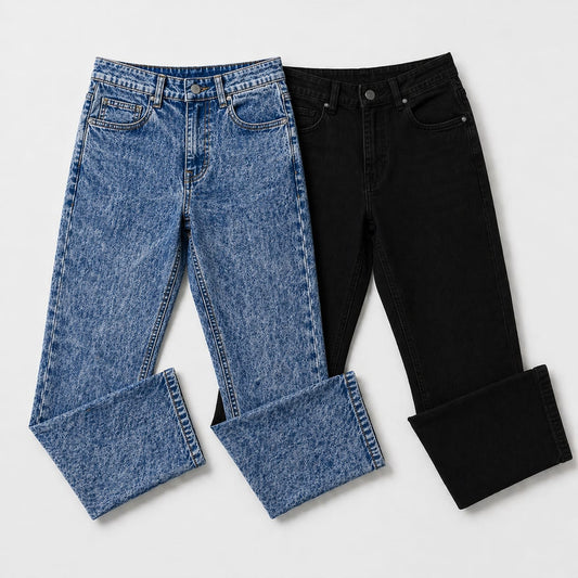 Pack of 2 Acid Wash Blue & Jet Black Jeans | Straight Fit Denim